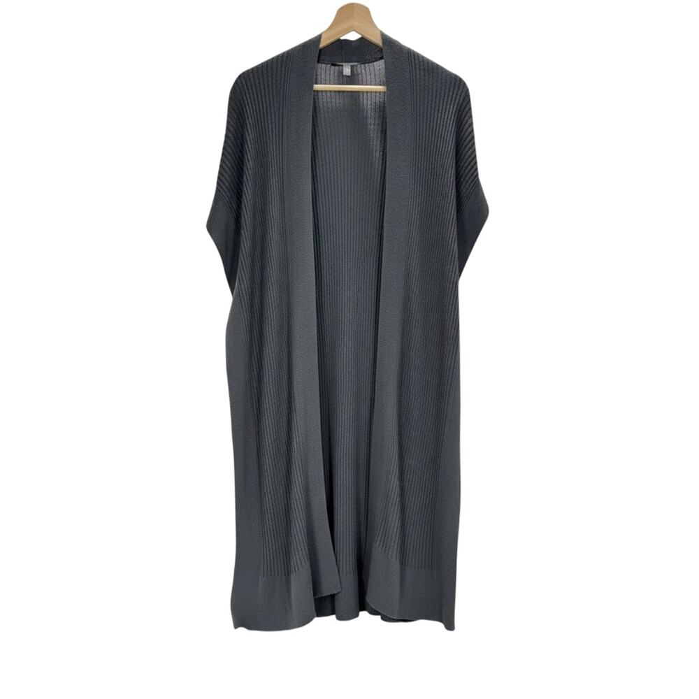 Eileen Fisher Dark Grey Ribbed Knit Tencel Open Front Vest Long Cardigan S/M